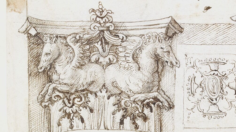 This page from the so-called Jacopo Ripanda Sketchbook in the Ashmolean Museum (Oxford) illustrates an antique column capital formerly in the Temple of Mars Ultra in Rome. Instead of volutes, the capital features two representations of the winged horse Pegasus.